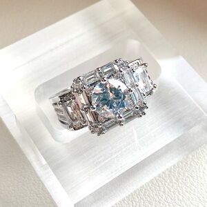 Classic Silver-Tone Round Center Cocktail Ring with Clear Stones